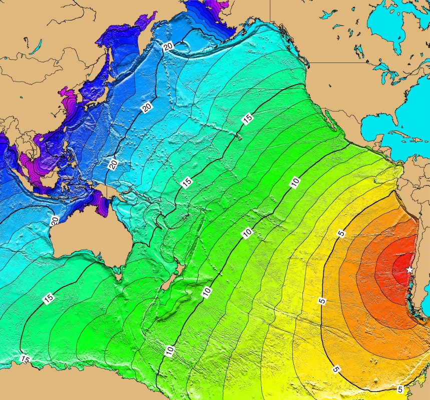 Map showing the 1960 Valdivia tsunami travel times across the Pacific