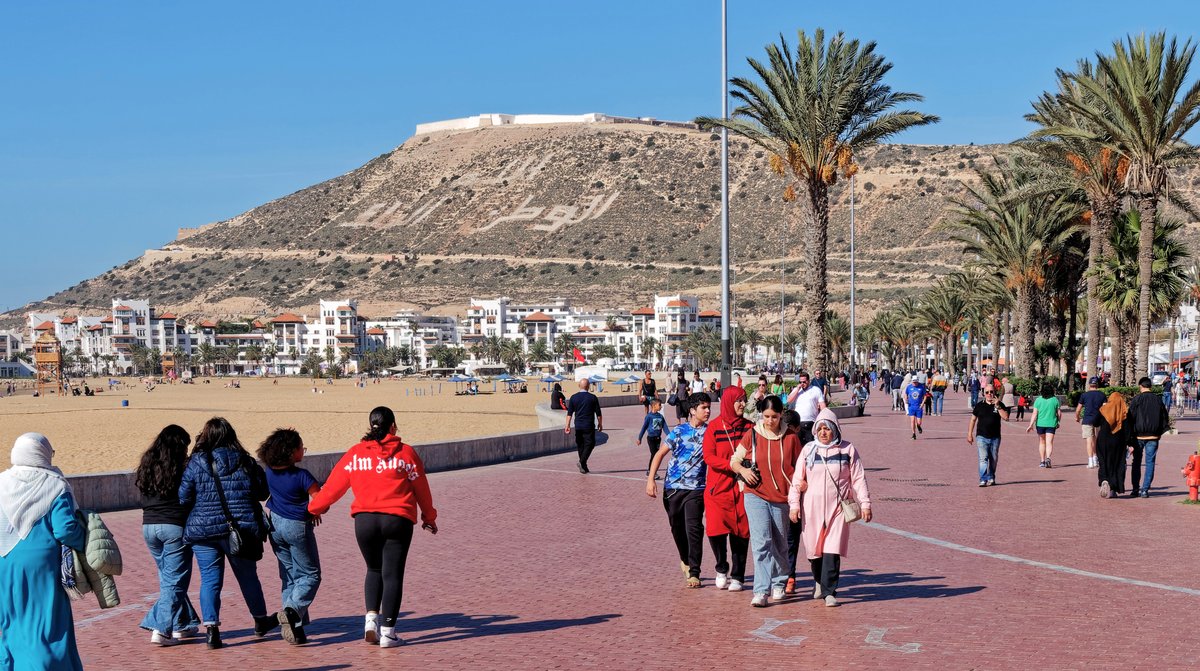 The long crescent beach of modern Agadir, Morocco