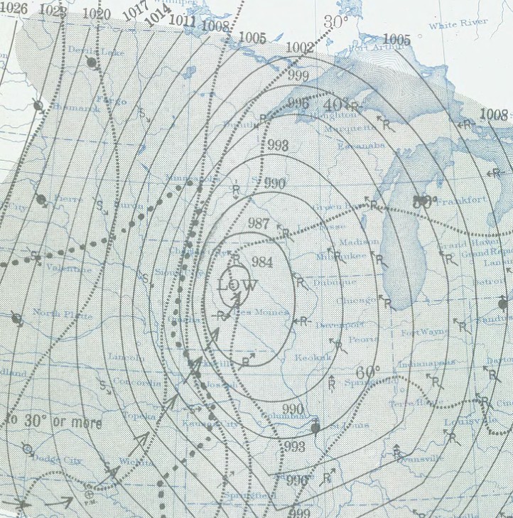 NOAA surface weather analysis map for November 11, 1940 showing the storm system