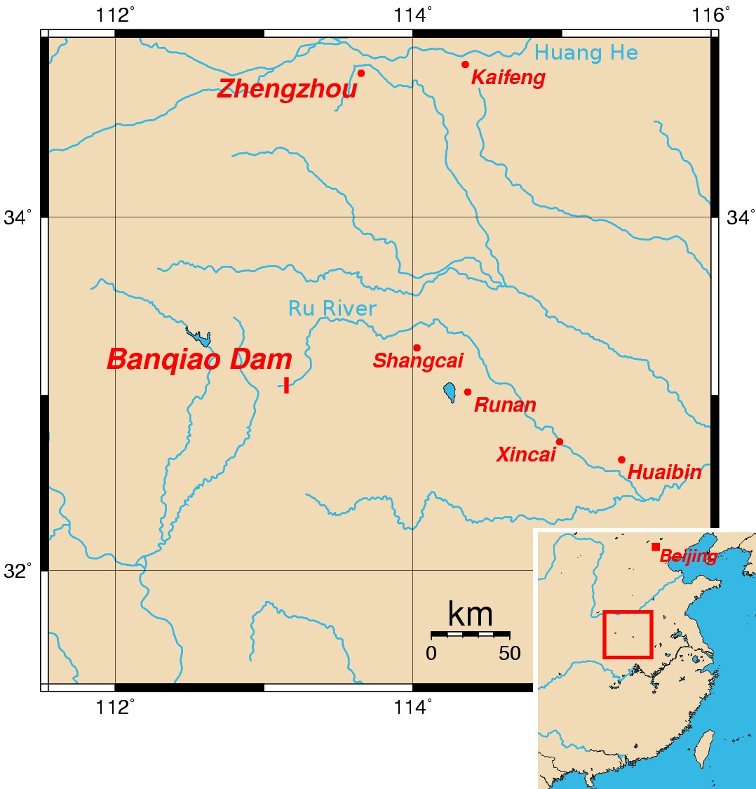 Location map of the Banqiao Dam on the Ru River in Zhumadian, Henan Province, China