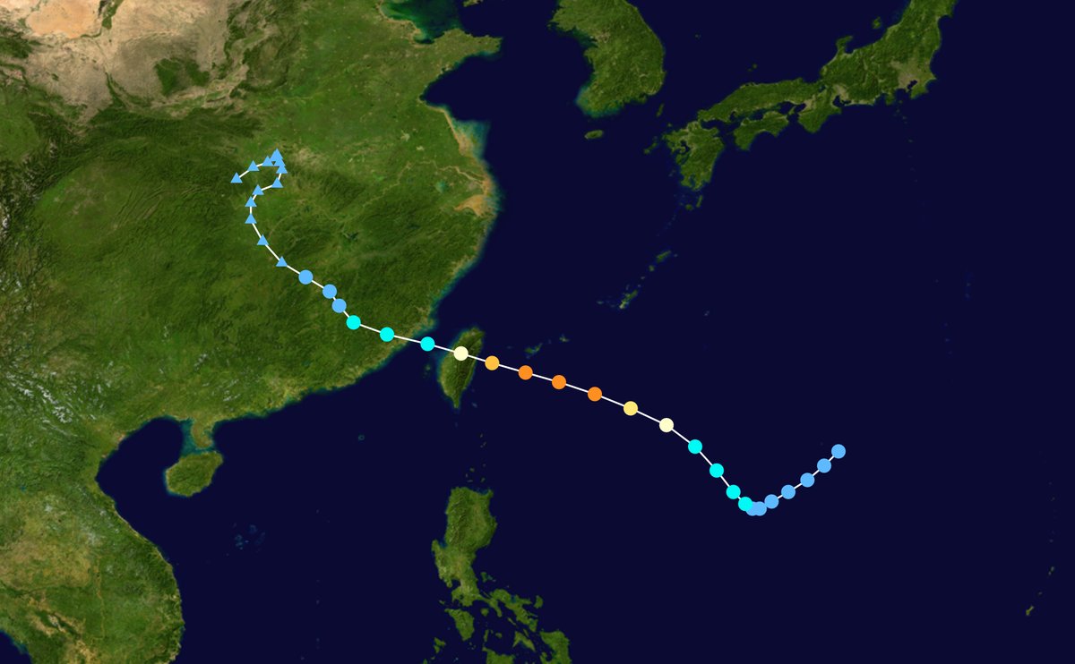 Track map of Typhoon Nina in 1975, crossing Taiwan and stalling over inland China