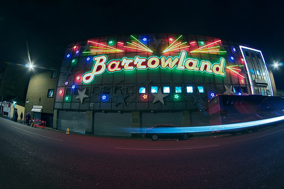The Barrowland Ballroom at night, its neon sign illuminated over the Gallowgate