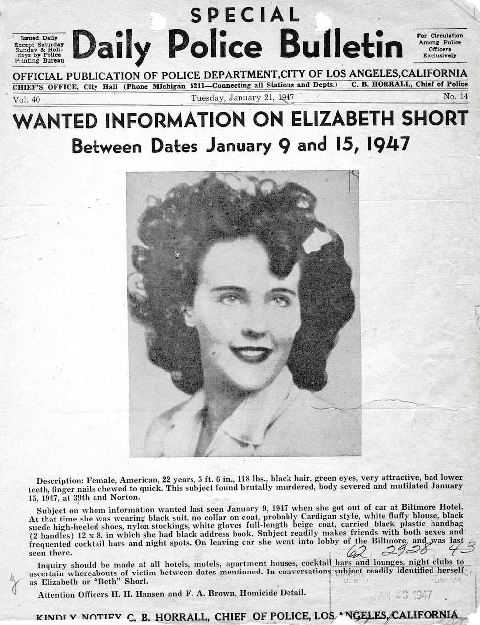 Los Angeles Police Department official bulletin for Elizabeth Short, January 15, 1947