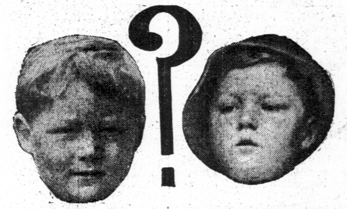 Newspaper comparison from The Day Book, February 18, 1914, asking 'Are These Pictures of The Same Boy?'