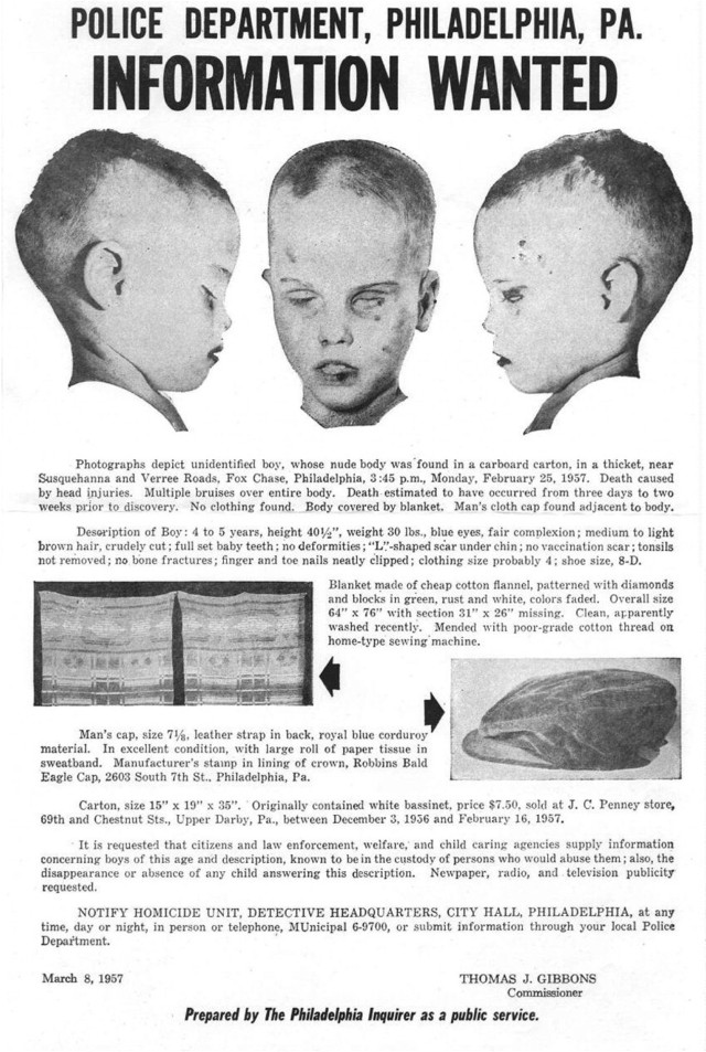 1957 law enforcement identification poster for the unidentified boy found in Fox Chase, Philadelphia