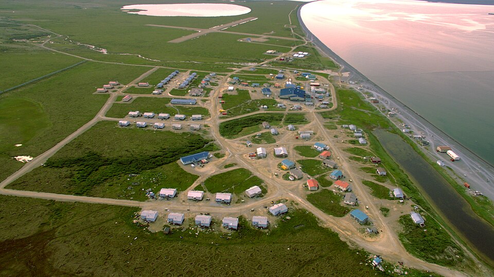 Aerial drone view of Brevig Mission, Alaska, showing the small coastal village