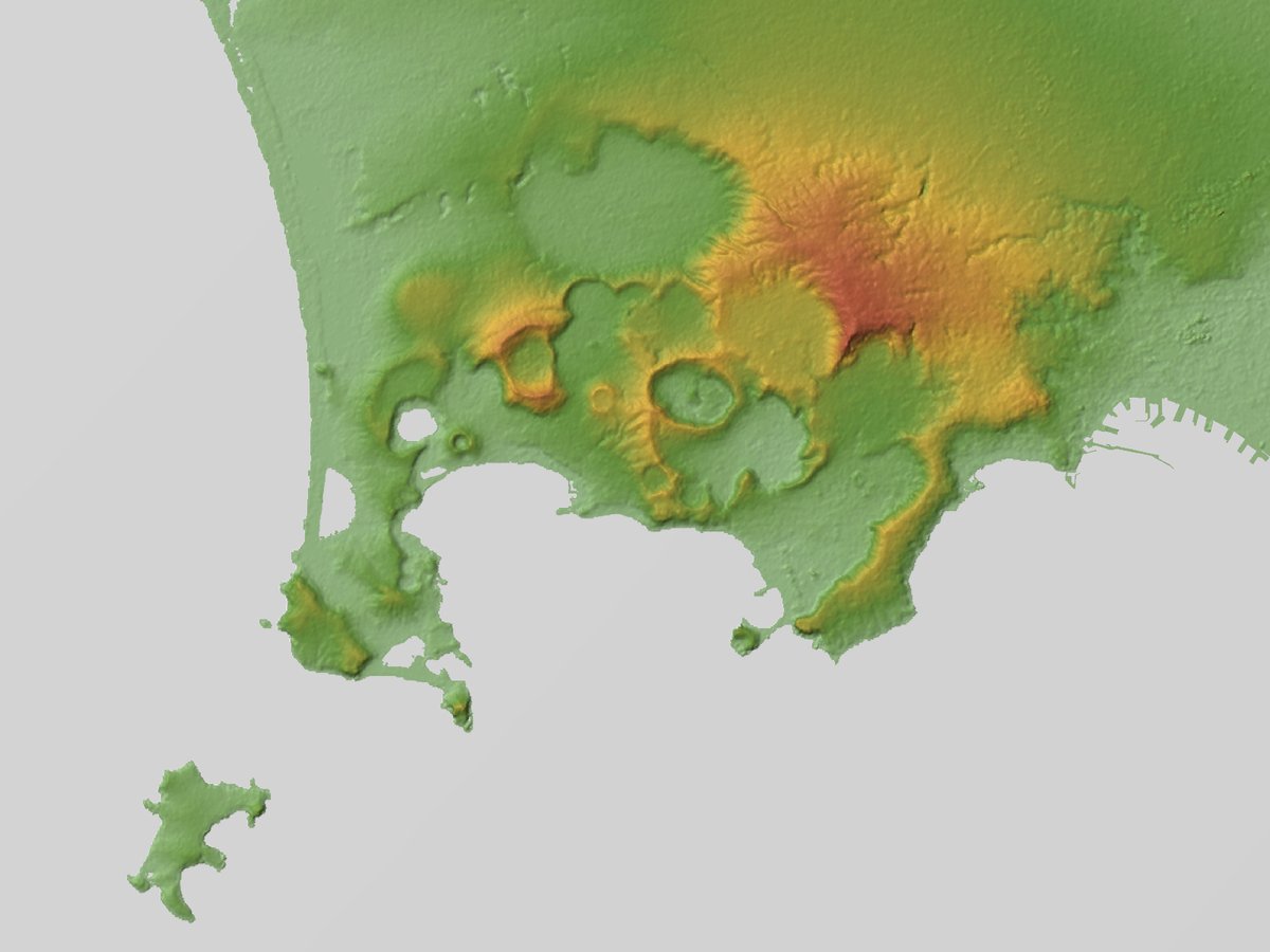 Shaded-relief map of the Phlegraean Fields built from radar elevation data, showing the ring of craters west of Naples