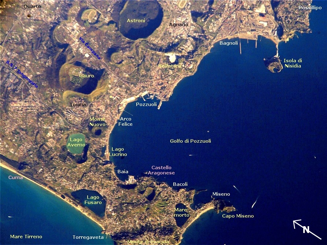 Astronaut photograph from the International Space Station showing Pozzuoli, the Bay of Pozzuoli, Monte Nuovo and the Solfatara