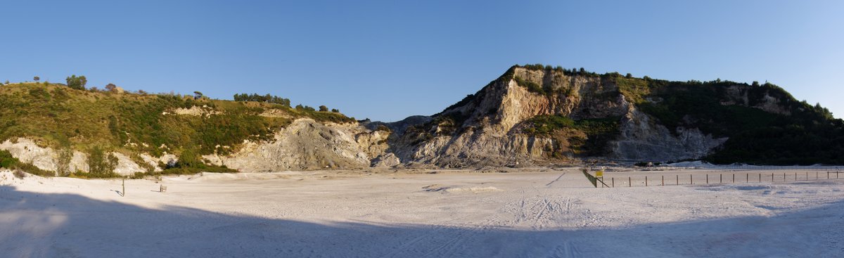 The Solfatara crater inside Campi Flegrei, its floor venting sulphurous steam