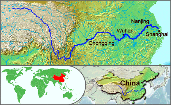 Map showing the Yangtze River and its tributaries through central China