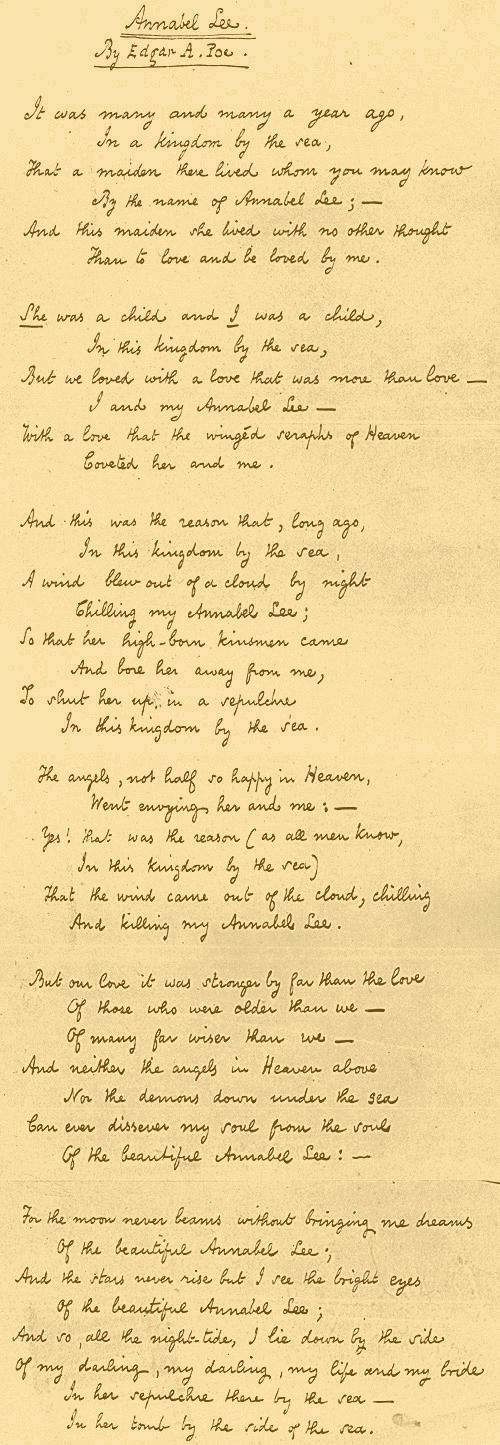 Fair copy of Annabel Lee in Edgar Allan Poe's hand, Columbia University, 1849