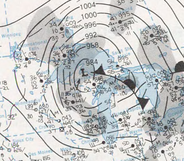 Weather surface analysis map for November 10, 1975 showing the Panhandle Hook storm