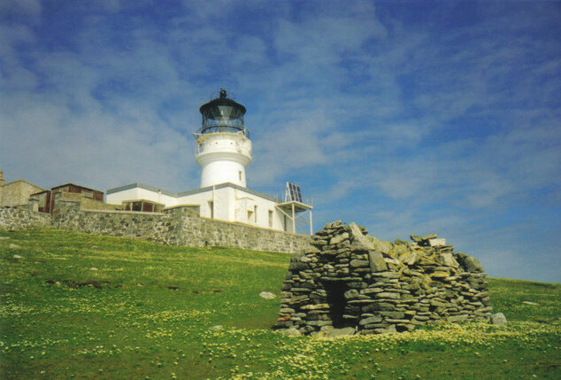 The ruins of St Flannan's Cell beside the lighthouse on Eilean Mòr