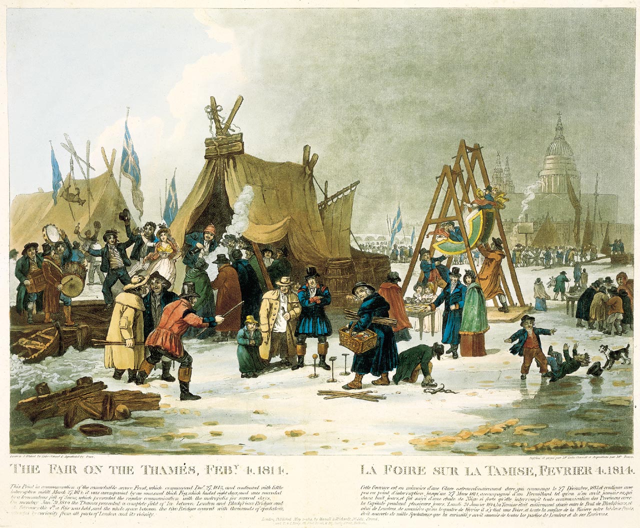 Luke Clennell engraving of the 1814 frost fair on the Thames, crowds and booths on the ice