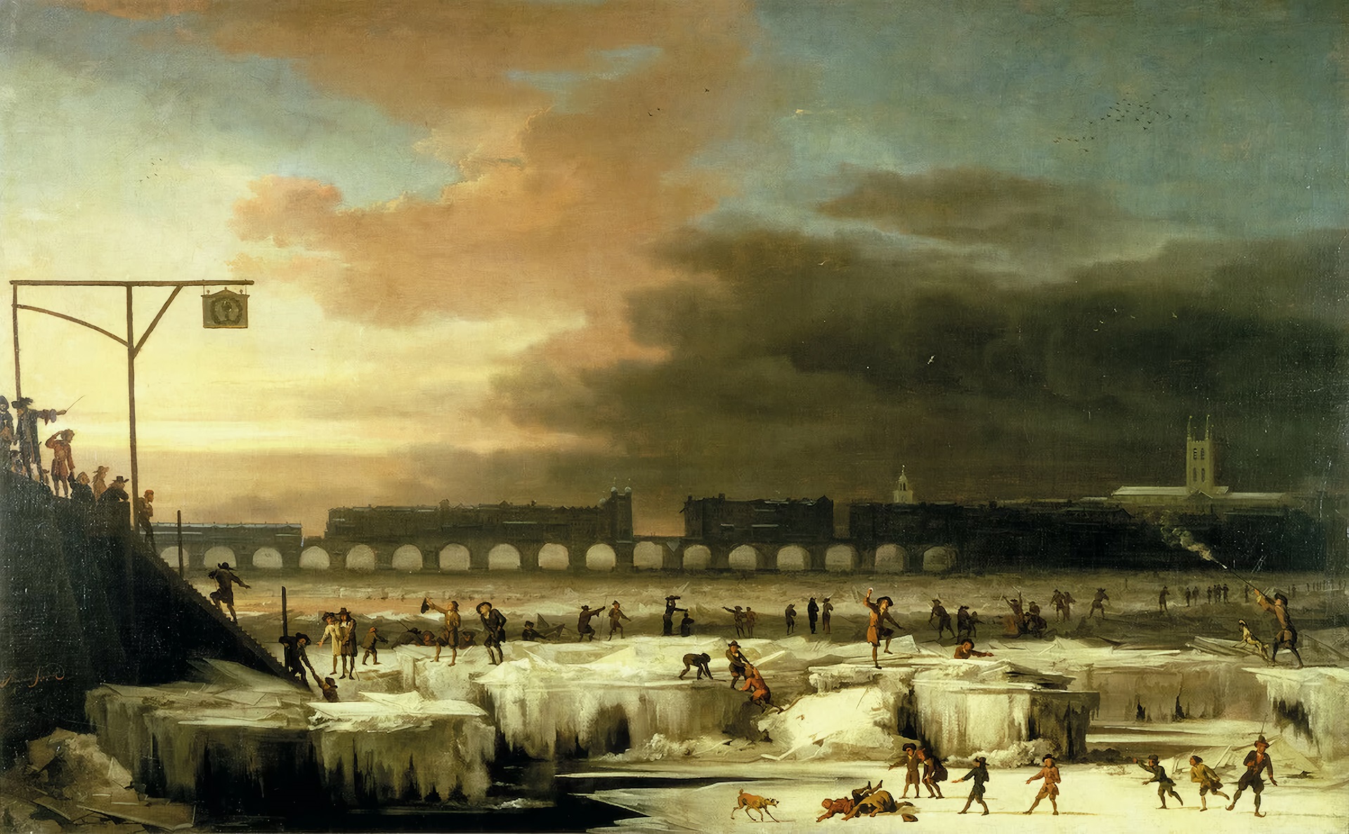 Abraham Hondius oil painting of the frozen River Thames in 1677, looking east toward Old London Bridge with crowds on the ice