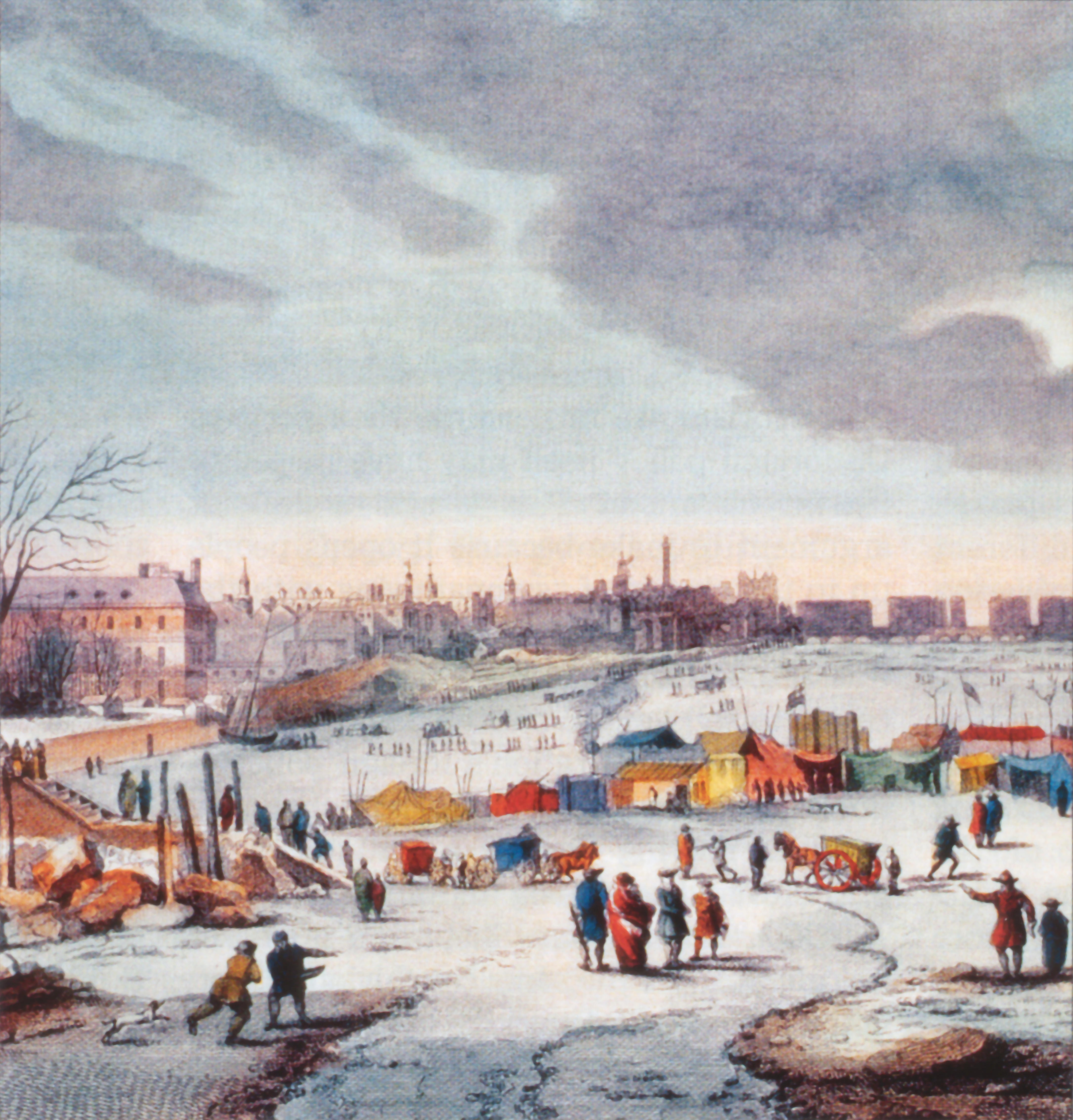 Thomas Wyke painting of the 1683-84 Thames frost fair, crowds and tents on the ice before Old London Bridge