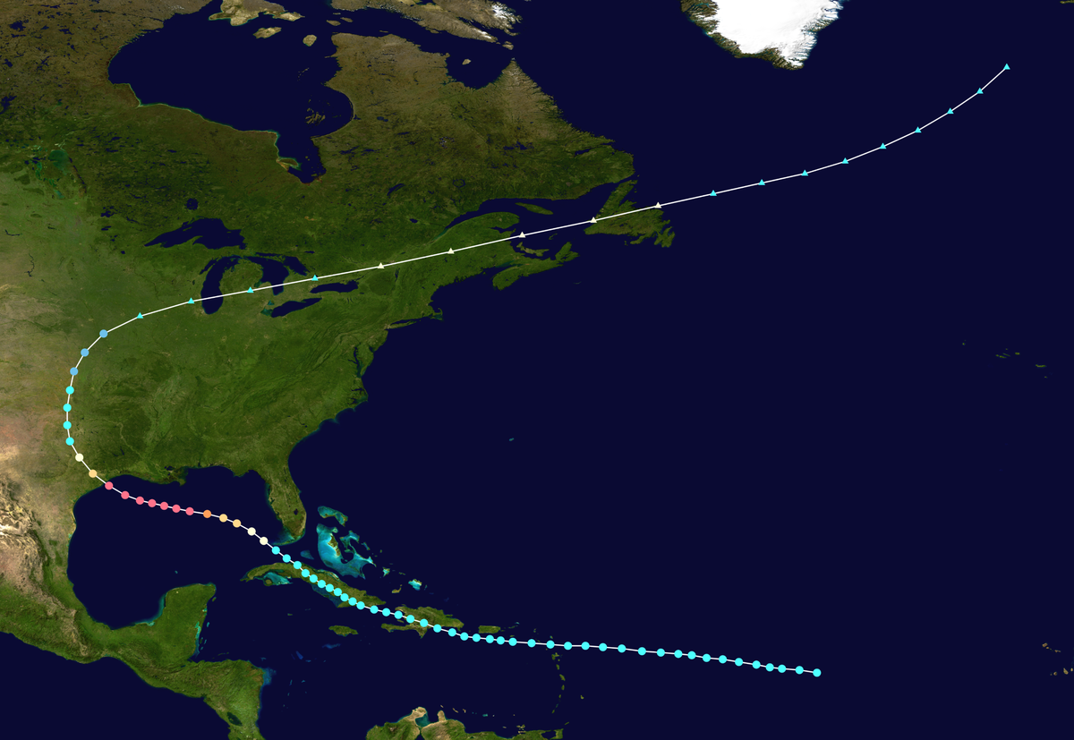 Track map of the 1900 Galveston hurricane from the Gulf of Mexico