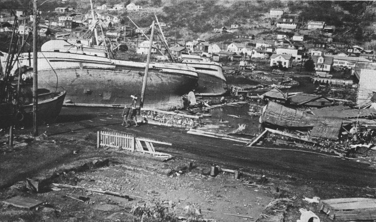Boats and buildings wrecked at Kodiak, Alaska by the 1964 tsunami