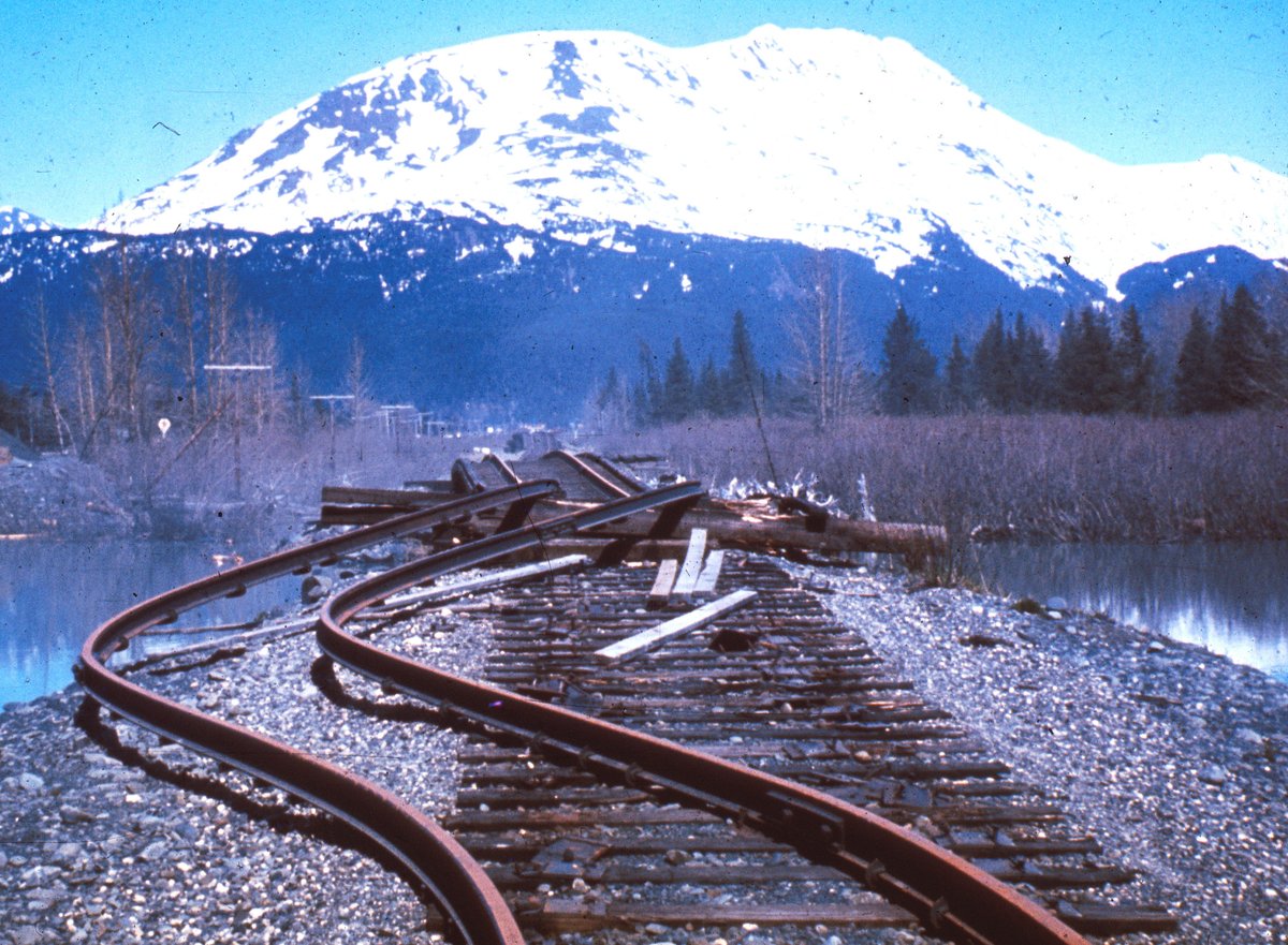 Railroad tracks buckled and twisted by the 1964 Alaska earthquake