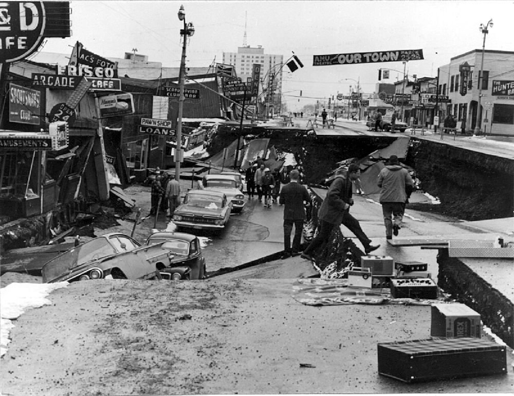 The Fourth Avenue slump in downtown Anchorage, with storefronts dropped roughly eleven feet below street level