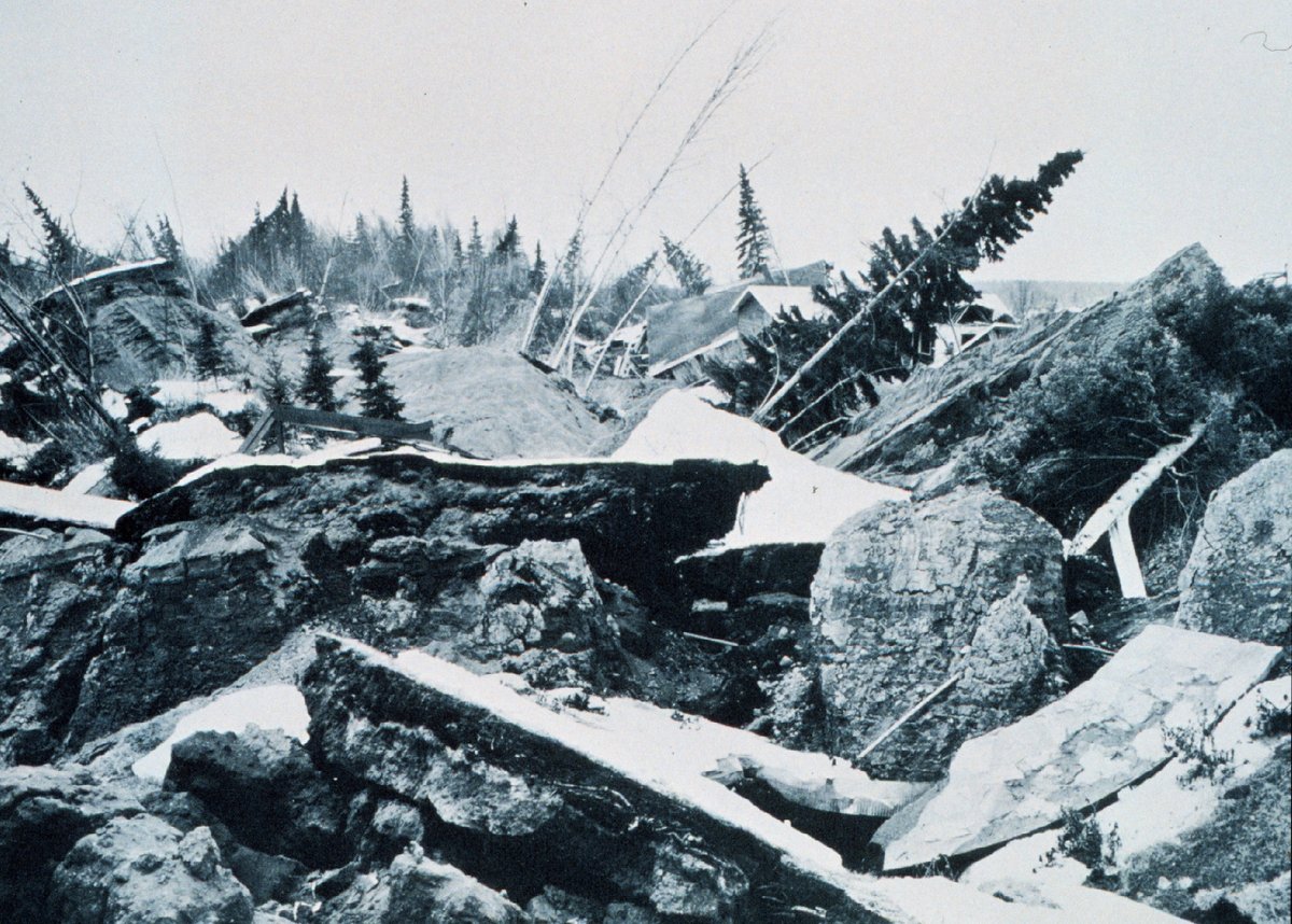 Collapsed and tilted ground at the Turnagain Heights landslide, where about 75 homes were destroyed