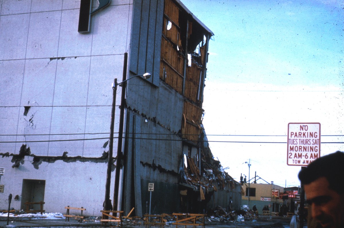 The five-story JCPenney department store in Anchorage with its concrete facade sheared off