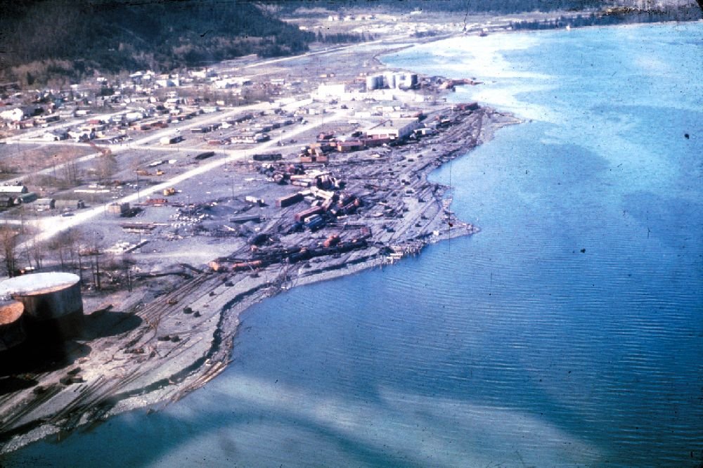 The devastated Seward waterfront after the earthquake, tsunami, and fuel fires