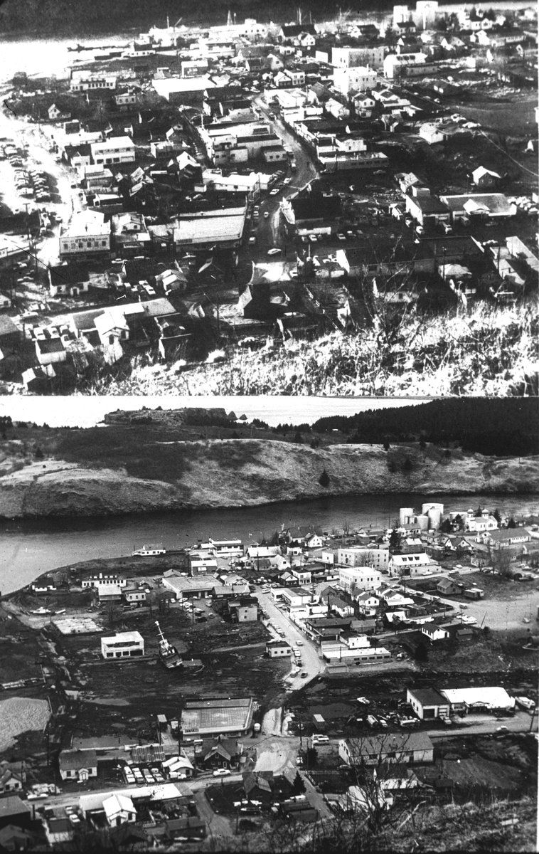 Paired before-and-after photographs of the Kodiak waterfront, showing tsunami destruction