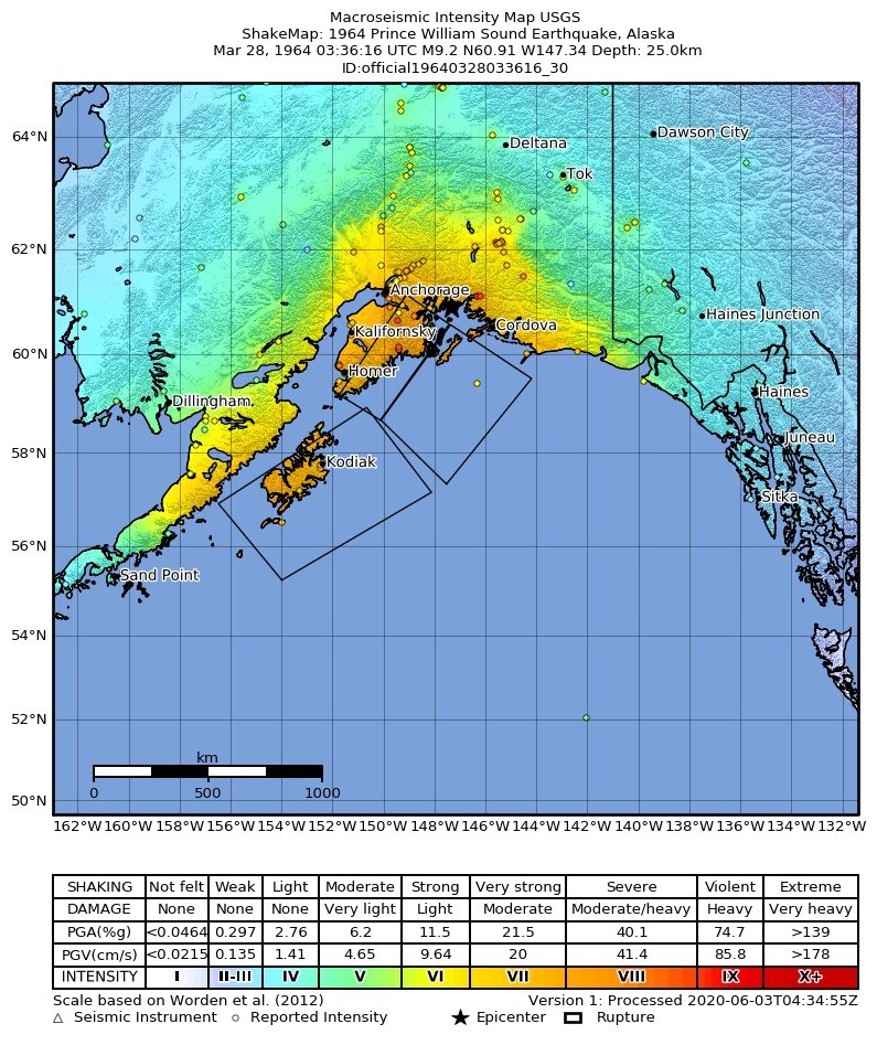 USGS ShakeMap of the 1964 magnitude 9.2 Alaska earthquake rupture and affected region