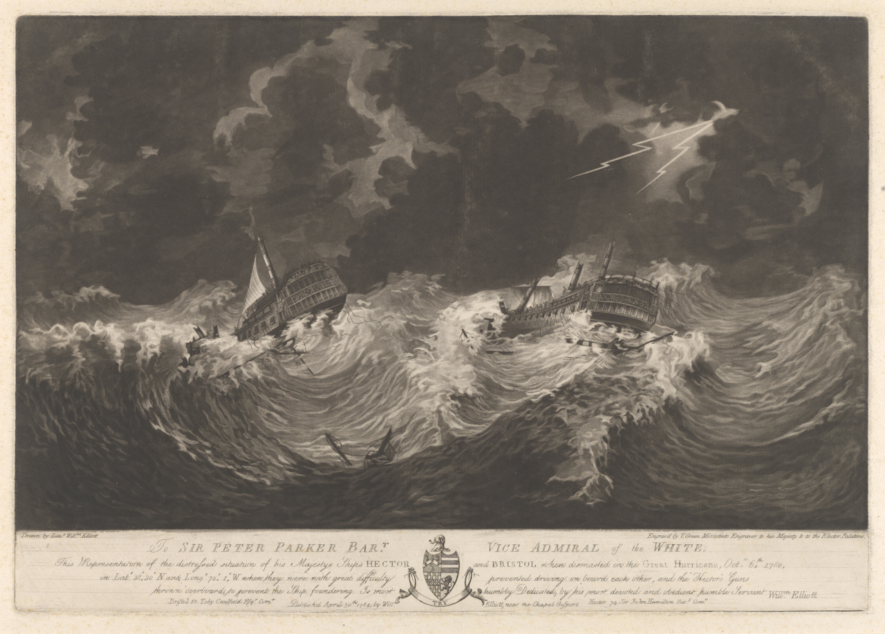 Print depicting HMS Hector and HMS Bristol dismasted in the Great Hurricane of 1780, with crew jettisoning cannons to prevent foundering