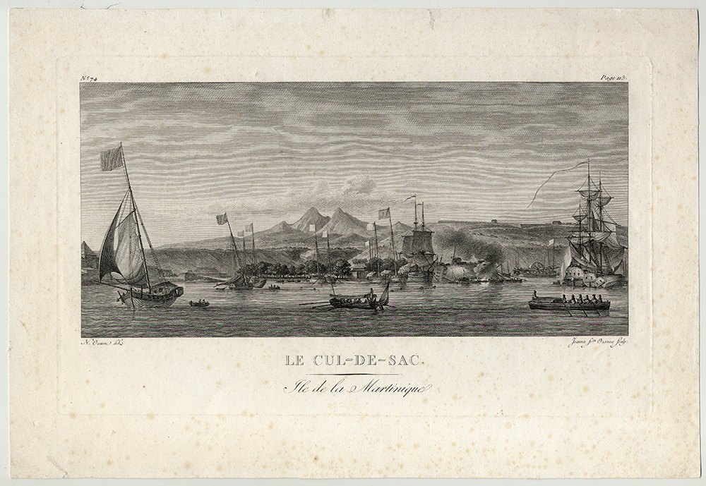 18th-century print showing the harbor at Martinique with sailing ships at anchor