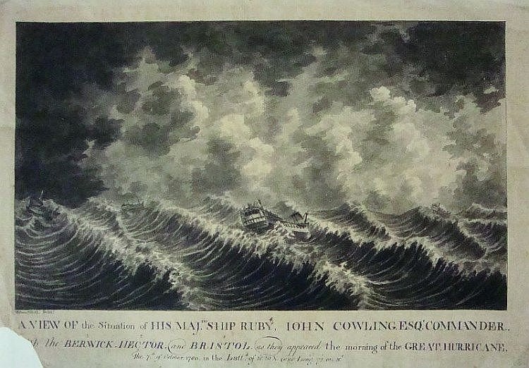 View of HMS Ruby, Berwick, Hector, and Bristol as they appeared the morning after the Great Hurricane of October 7, 1780