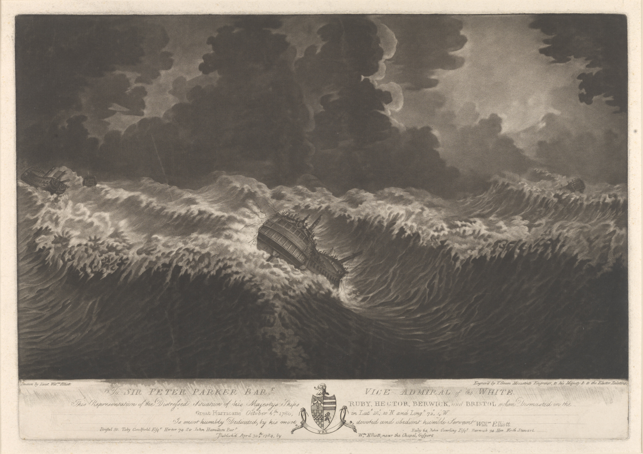 Print showing four British warships Ruby, Hector, Berwick, and Bristol dismasted in the Great Hurricane of October 1780