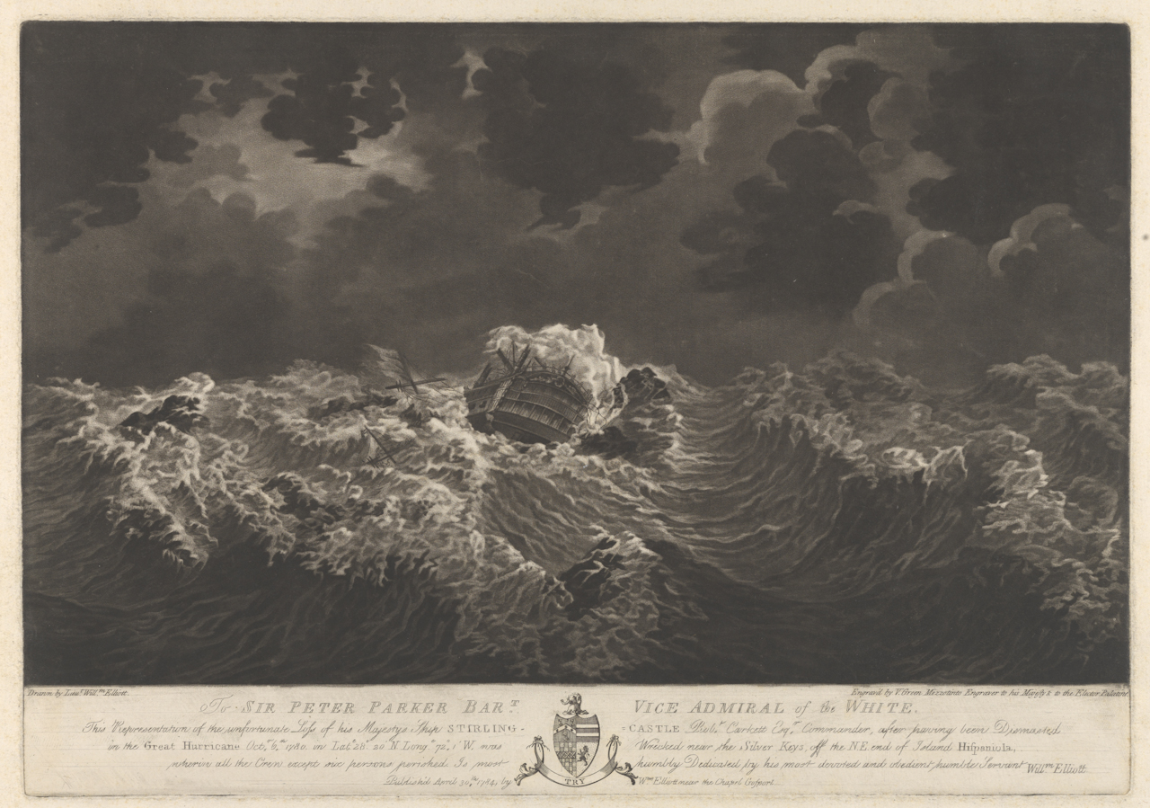 Print showing HMS Stirling Castle wrecked near the Silver Keys after being dismasted in the Great Hurricane of 1780