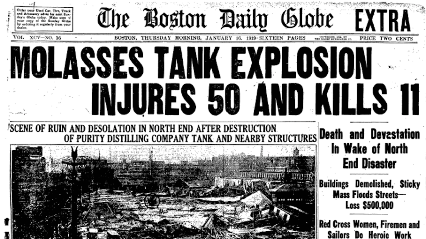 Front page of the Boston Daily Globe, January 16, 1919, reporting on the molasses disaster