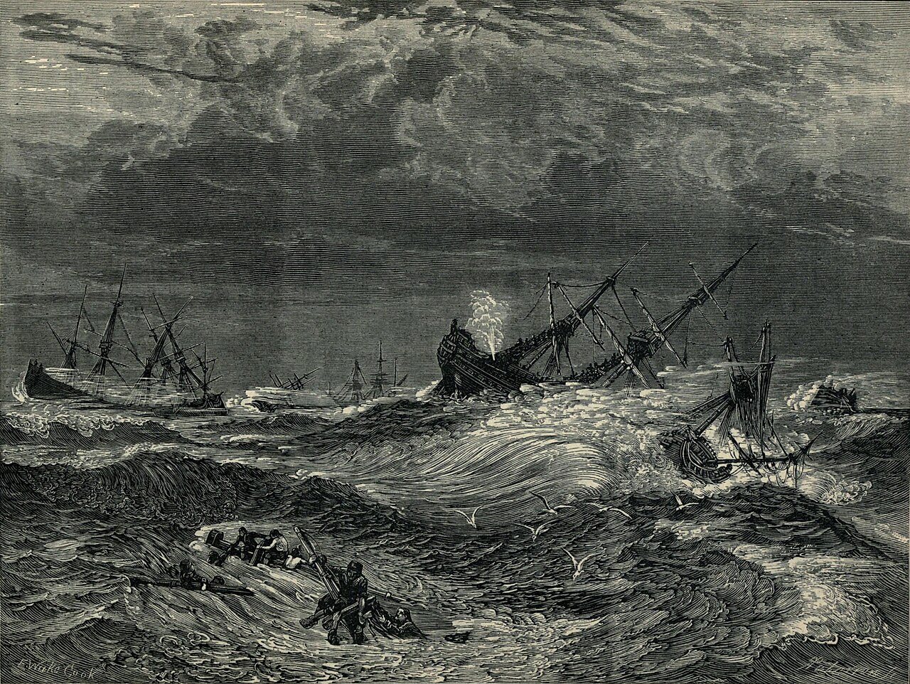 Painting by E.W. Cooke showing ships in heavy seas during the Great Storm in the Downs, 1703