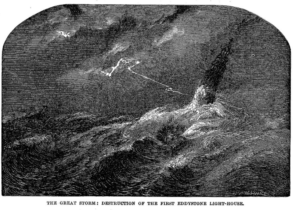 Engraving showing the destruction of the first Eddystone Lighthouse in the Great Storm of 1703, published in Chambers' Book of Days, 1869