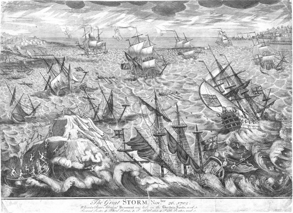 Contemporary engraving showing the loss of Rear Admiral Beaumont's squadron on the Goodwin Sands during the Great Storm of 1703