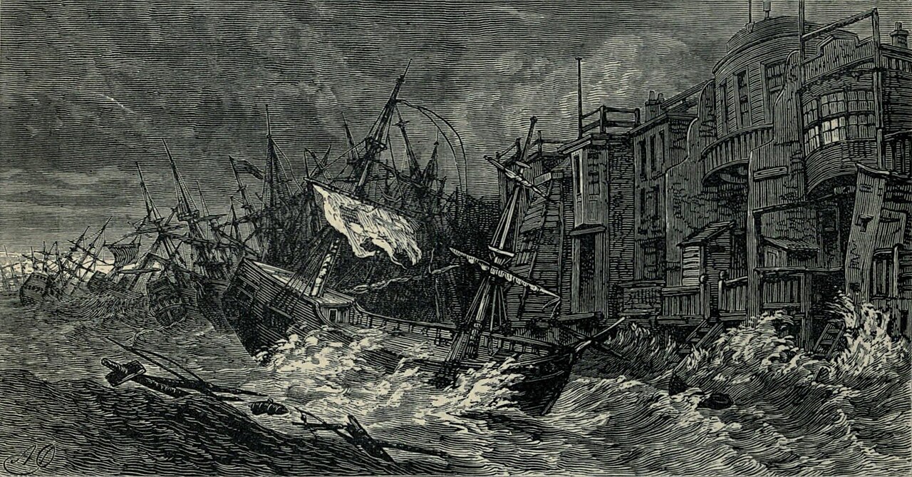 Illustration of the Great Storm of 1703 at the Thames in Wapping, showing ships driven ashore and buildings damaged