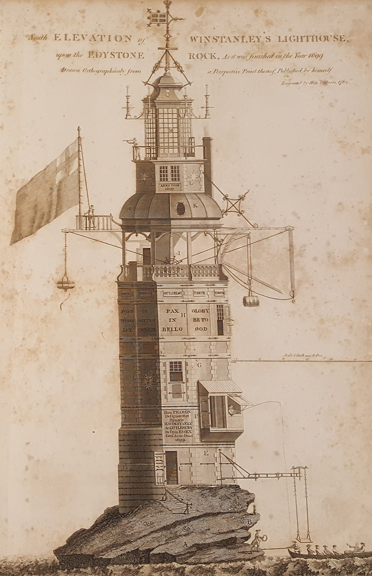 Engraving of Winstanley's original Eddystone Lighthouse, showing the ornate wooden tower on the rock