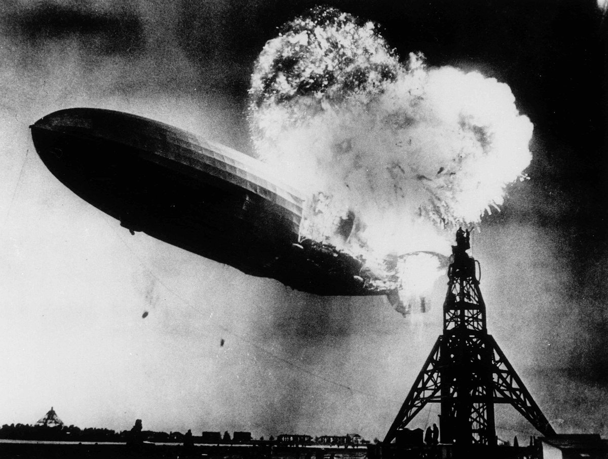 The Hindenburg on fire at Lakehurst Naval Air Station, May 6, 1937