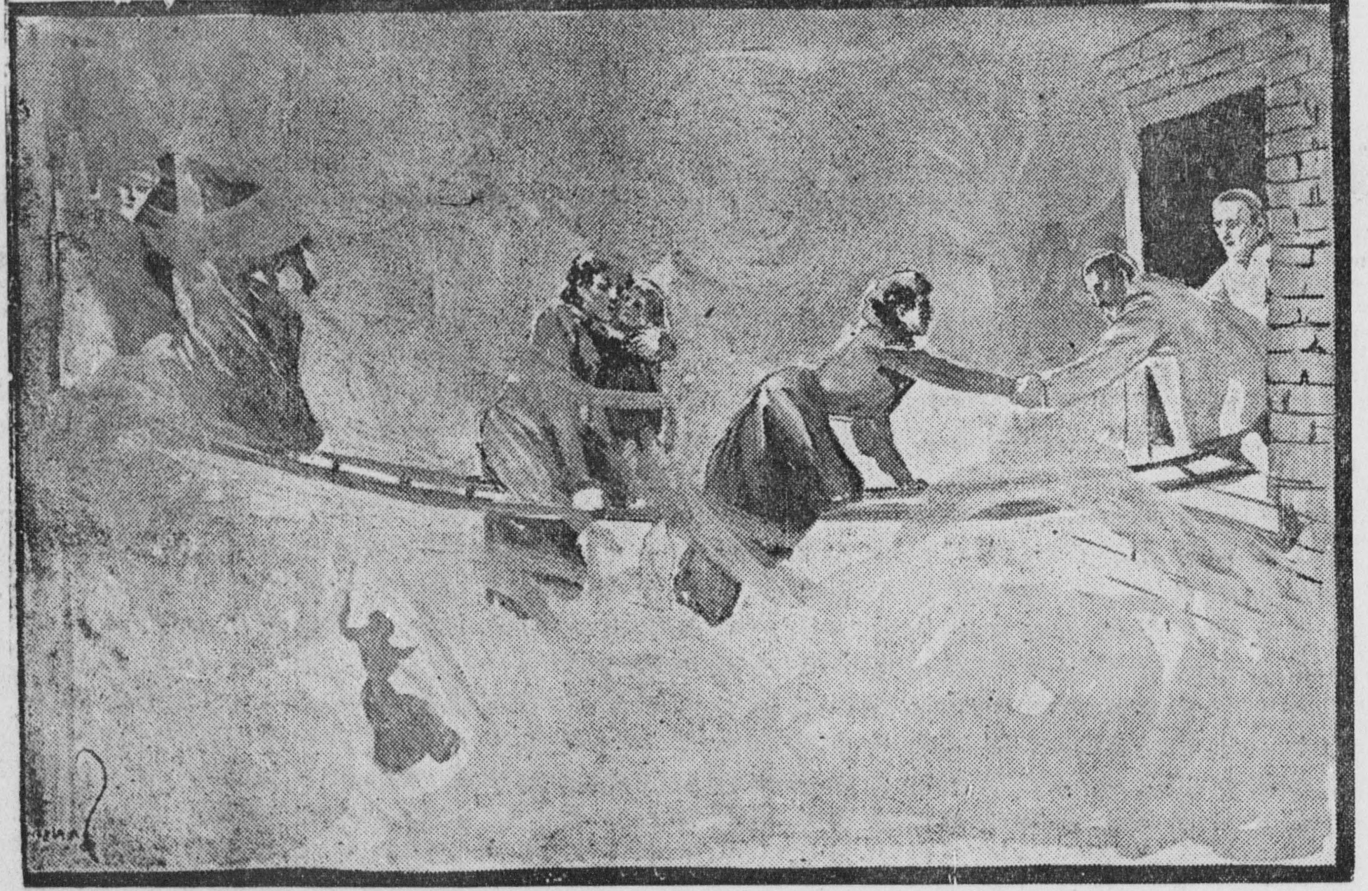 Illustration of escapees crossing planks and ladders over Couch Place alley from the Iroquois Theatre fire escapes