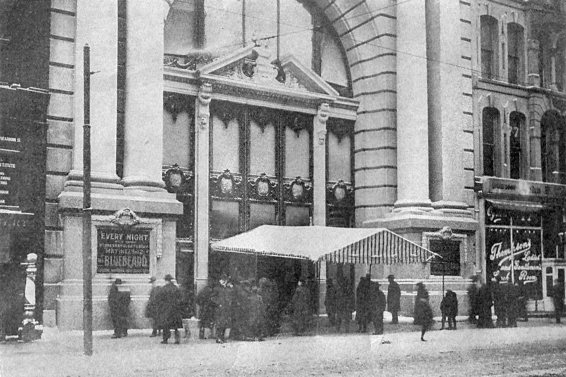 The Iroquois Theatre on Randolph Street, Chicago, 1903, with a Mr. Blue Beard playbill on the pillar