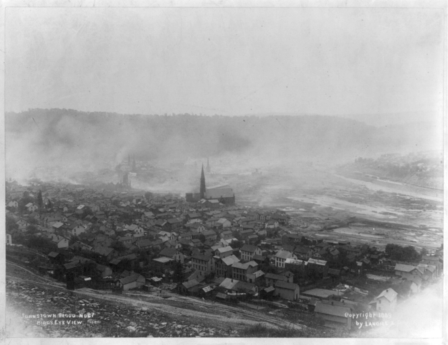 Bird's-eye view of Johnstown, Pennsylvania after the 1889 flood, showing complete destruction