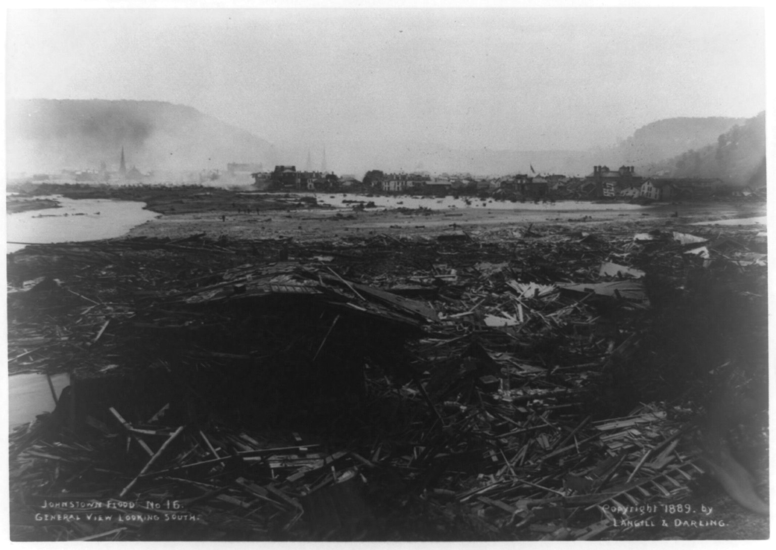 General view looking south at the Johnstown flood ruins, 1889