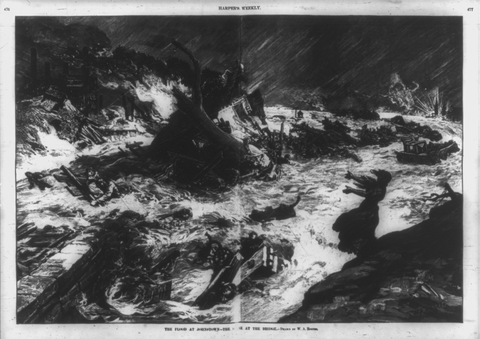 Harper's Weekly engraving of the scene at the stone bridge during the Johnstown Flood fire, 1889