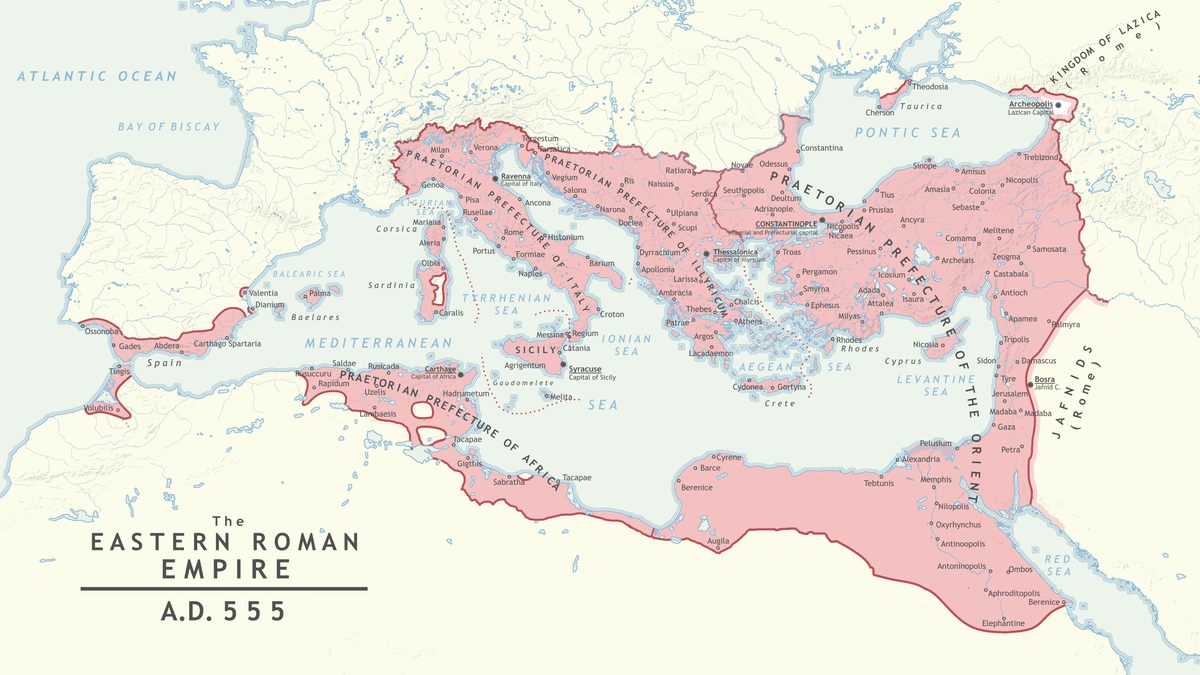 Map of the Byzantine Empire at its greatest extent under Justinian I