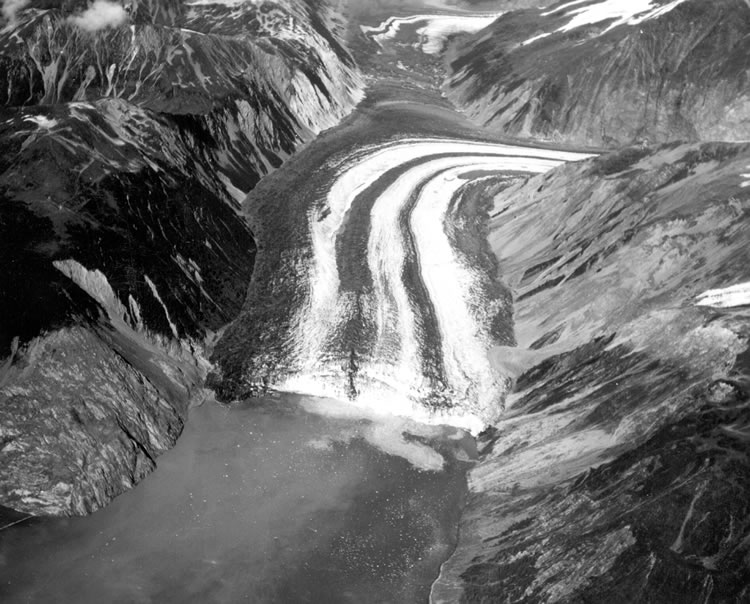Looking down the Fairweather Fault Trench at Lituya Bay's head, with Lituya Glacier visible