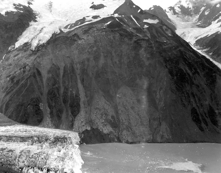 The rockslide scar on the northeast wall of Gilbert Inlet, summer 1958