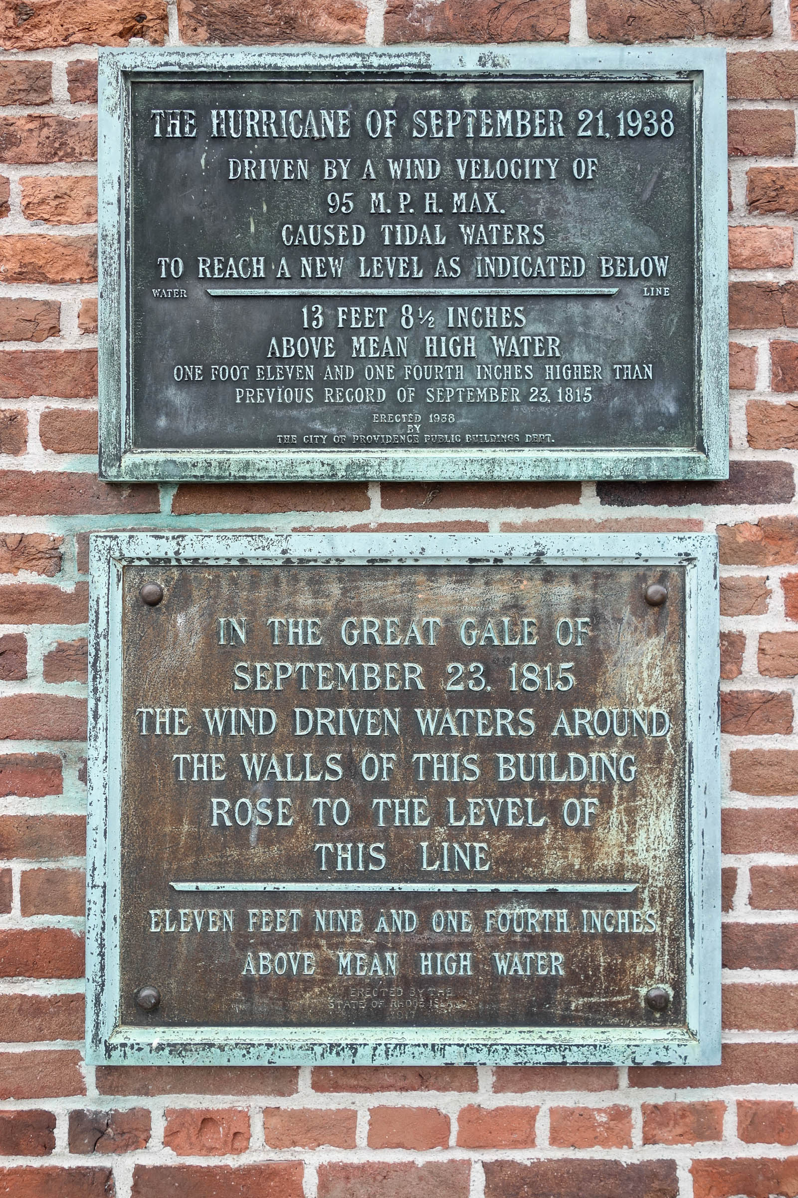 Water level markers at the Old Market House in Providence showing 1938 hurricane flood height